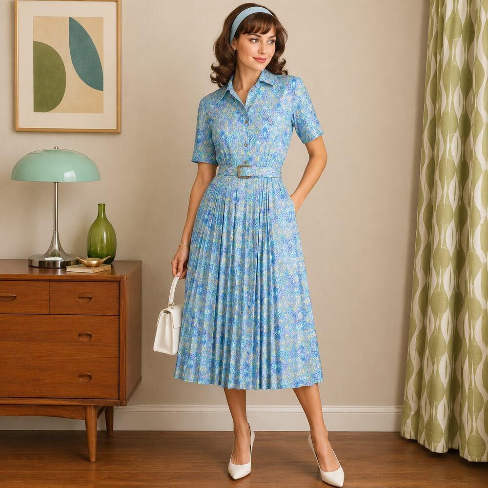 Leslie Fay Vintage Secretary Midi Pleated Belted Short Sleeve Dress Blue Sz 8